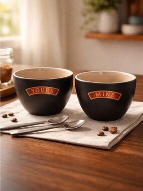 EUC Bailey’s Irish Cream “Mine & Yours” Mugs Desert Bowls Black Ceramic Cup
